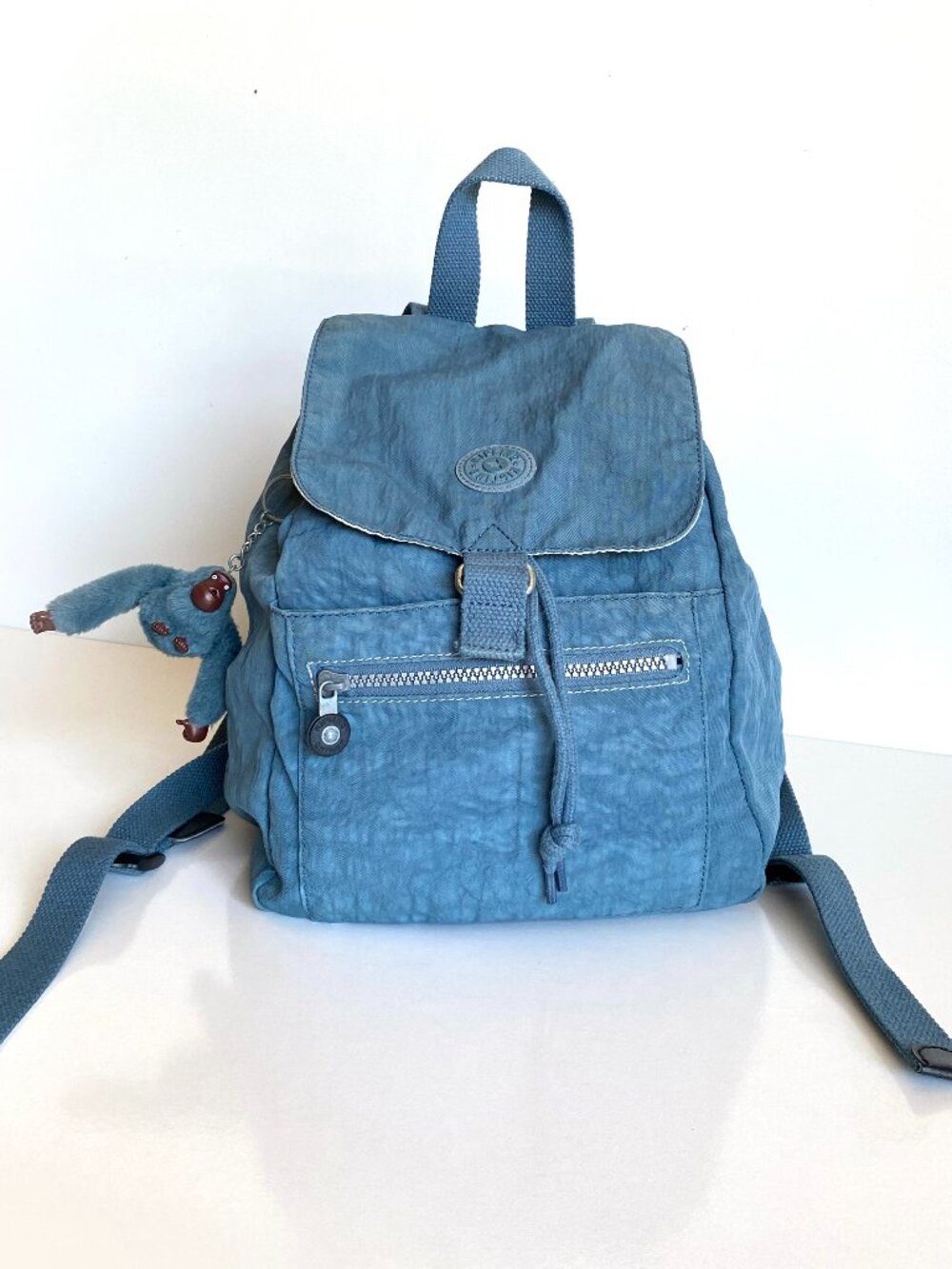 Kipling Light Blue Nylon Backpack with Monkey Charm